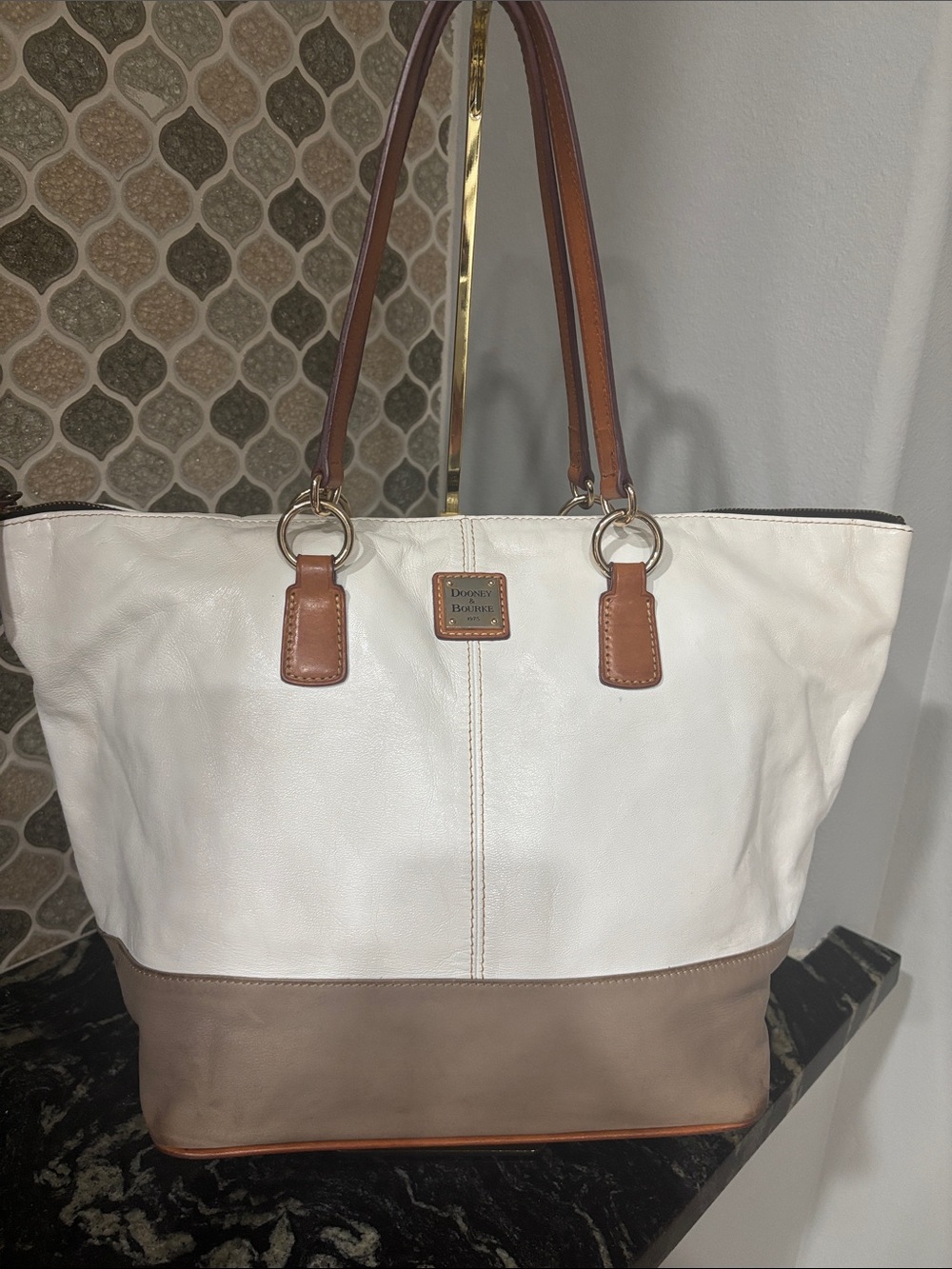 Dooney & Bourke White and Brown Two-Tone Leather Tote